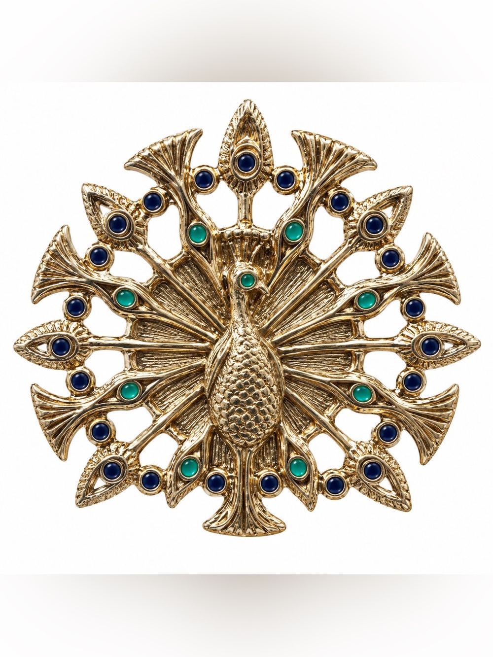 Vintage Oversized Peacock Statement Ring Gold Tone Blue Green Signed Size 6